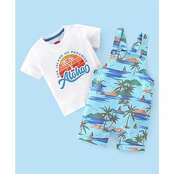 Babyhug 100% Cotton Single Jersey Knit Palm Tree  Printed Dungaree and Half Sleeves T-Shirt Set - White & Light Green