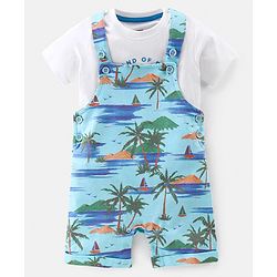 Babyhug 100% Cotton Single Jersey Knit Palm Tree  Printed Dungaree and Half Sleeves T-Shirt Set - White & Light Green