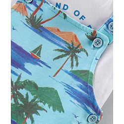 Babyhug 100% Cotton Single Jersey Knit Palm Tree  Printed Dungaree and Half Sleeves T-Shirt Set - White & Light Green