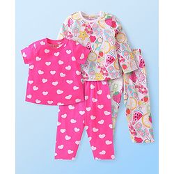 Babyhug Cotton Knit Single Jersey Half Sleeves Night Suit With Heart & Ice Cream Print Pack Of 2 - Pink