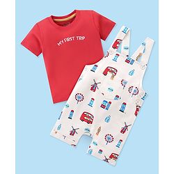 Babyhug Cotton Knit City Printed Dungaree with Half Sleeves Inner Tee - Red & White