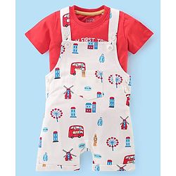 Babyhug Cotton Knit City Printed Dungaree with Half Sleeves Inner Tee - Red & White