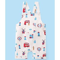 Babyhug Cotton Knit City Printed Dungaree with Half Sleeves Inner Tee - Red & White