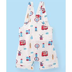 Babyhug Cotton Knit City Printed Dungaree with Half Sleeves Inner Tee - Red & White