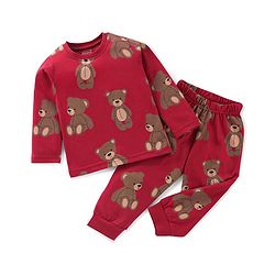 Babyhug 100% Cotton Single Jersey Knit Full Sleeves Night Suit Bear Print - Maroon
