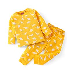 Babyhug Cotton Knit Full Sleeves Dino Printed Night Suit - Yellow
