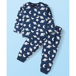 Babyhug Single Jersey Full Sleeves Night Suit Stars Print - Navy Blue