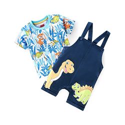 Babyhug 100% Cotton Knit Single Jersey Dungaree and Half Sleeves T-Shirt Set Dino Print - Blue