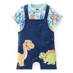 Babyhug 100% Cotton Knit Single Jersey Dungaree and Half Sleeves T-Shirt Set Dino Print - Blue