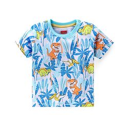 Babyhug 100% Cotton Knit Single Jersey Dungaree and Half Sleeves T-Shirt Set Dino Print - Blue