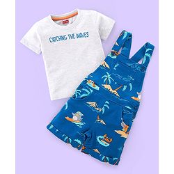 Babyhug Cotton Knit Beach Printed Dungaree with Half Sleeves Inner Tee - White Melange & Blue