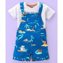 Babyhug Cotton Knit Beach Printed Dungaree with Half Sleeves Inner Tee - White Melange & Blue