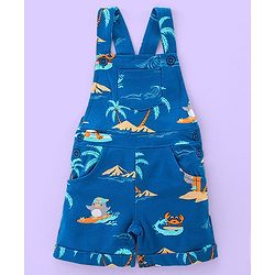 Babyhug Cotton Knit Beach Printed Dungaree with Half Sleeves Inner Tee - White Melange & Blue