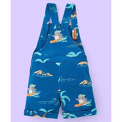 Babyhug Cotton Knit Beach Printed Dungaree with Half Sleeves Inner Tee - White Melange & Blue