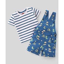 Babyhug 100% Cotton Knit Dungaree & Half Sleeves T-Shirt Set Striped & Crocodile Print - Blue & White