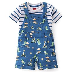 Babyhug 100% Cotton Knit Dungaree & Half Sleeves T-Shirt Set Striped & Crocodile Print - Blue & White