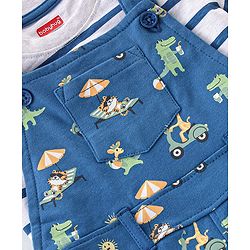Babyhug 100% Cotton Knit Dungaree & Half Sleeves T-Shirt Set Striped & Crocodile Print - Blue & White