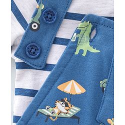 Babyhug 100% Cotton Knit Dungaree & Half Sleeves T-Shirt Set Striped & Crocodile Print - Blue & White