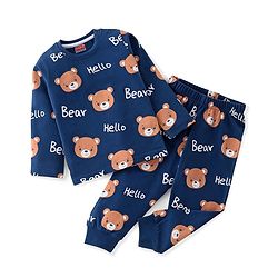 Babyhug Single Jersey Knit Full Sleeves Teddy Printed Night Suit - Navy Blue