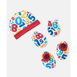 Babyhug 100% Cotton Knit Cap Mittens & Booties Set Numbers Print - Red & White