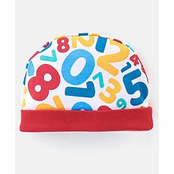 Babyhug 100% Cotton Knit Cap Mittens & Booties Set Numbers Print - Red & White