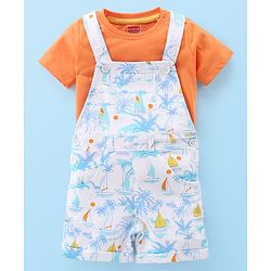 Babyhug Cotton Knit Beach Printed Dungaree with Half Sleeves Inner Tee - Orange Blue & White