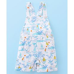 Babyhug Cotton Knit Beach Printed Dungaree with Half Sleeves Inner Tee - Orange Blue & White
