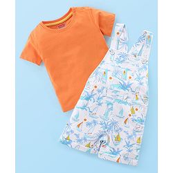 Babyhug Cotton Knit Beach Printed Dungaree with Half Sleeves Inner Tee - Orange Blue & White