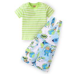 Babyhug 100% Cotton Knit Dungaree & Half Sleeves T-Shirt With Striped & Space Theme Print - Green & Blue