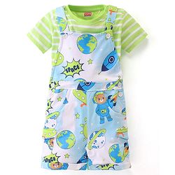 Babyhug 100% Cotton Knit Dungaree & Half Sleeves T-Shirt With Striped & Space Theme Print - Green & Blue