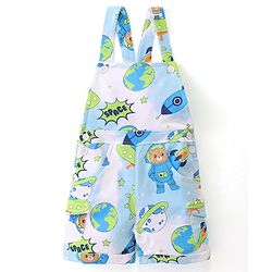 Babyhug 100% Cotton Knit Dungaree & Half Sleeves T-Shirt With Striped & Space Theme Print - Green & Blue