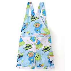 Babyhug 100% Cotton Knit Dungaree & Half Sleeves T-Shirt With Striped & Space Theme Print - Green & Blue