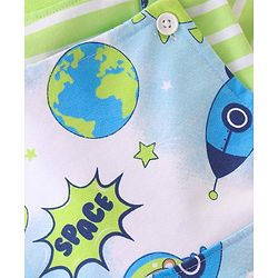 Babyhug 100% Cotton Knit Dungaree & Half Sleeves T-Shirt With Striped & Space Theme Print - Green & Blue