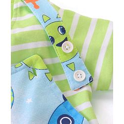 Babyhug 100% Cotton Knit Dungaree & Half Sleeves T-Shirt With Striped & Space Theme Print - Green & Blue