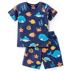 Babyhug Single Jersey Knit Half Sleeves Night Suit With Sea Life Print - Navy Blue