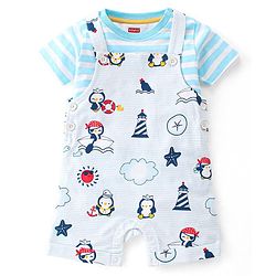 Babyhug 100% Cotton Knit Dungaree & Half Sleeves T-Shirt Set With Penguin Print - Blue & Grey