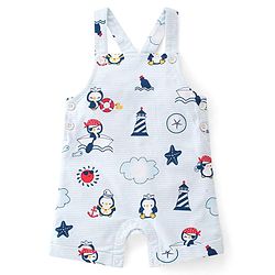 Babyhug 100% Cotton Knit Dungaree & Half Sleeves T-Shirt Set With Penguin Print - Blue & Grey