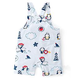 Babyhug 100% Cotton Knit Dungaree & Half Sleeves T-Shirt Set With Penguin Print - Blue & Grey