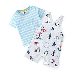 Babyhug 100% Cotton Knit Dungaree & Half Sleeves T-Shirt Set With Penguin Print - Blue & Grey