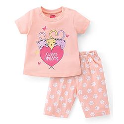 Babyhug Single Jersey Knit Half Sleeves Capri Night Suit Kitty Print - Peach