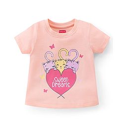 Babyhug Single Jersey Knit Half Sleeves Capri Night Suit Kitty Print - Peach