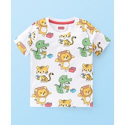 Babyhug Single Jersey Cotton Knit Dungaree with Half Sleeves Inner Tee Croc & Tiger Print - Red
