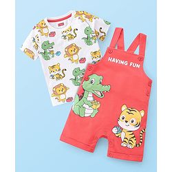 Babyhug Single Jersey Cotton Knit Dungaree with Half Sleeves Inner Tee Croc & Tiger Print - Red