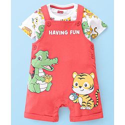 Babyhug Single Jersey Cotton Knit Dungaree with Half Sleeves Inner Tee Croc & Tiger Print - Red
