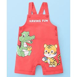 Babyhug Single Jersey Cotton Knit Dungaree with Half Sleeves Inner Tee Croc & Tiger Print - Red
