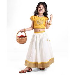 Babyhug Half Sleeves Pattu Pavada Choli & Lehenga with Floral Embroidery - Yellow