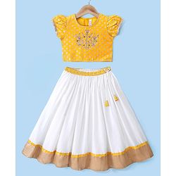Babyhug Half Sleeves Pattu Pavada Choli & Lehenga with Floral Embroidery - Yellow