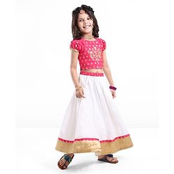 Babyhug Half Sleeves Pattu Pavada Choli & Lehenga with Floral Embroidery - Fuchsia