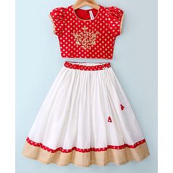 Babyhug Half Sleeves Pattu Pavada Choli & Lehenga with Floral Embroidery - Red