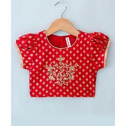 Babyhug Half Sleeves Pattu Pavada Choli & Lehenga with Floral Embroidery - Red